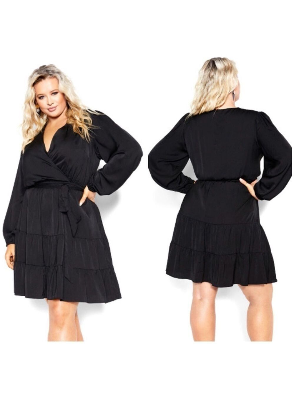 City Chic Pretty Tier V-Neckline Mini Dress in Black